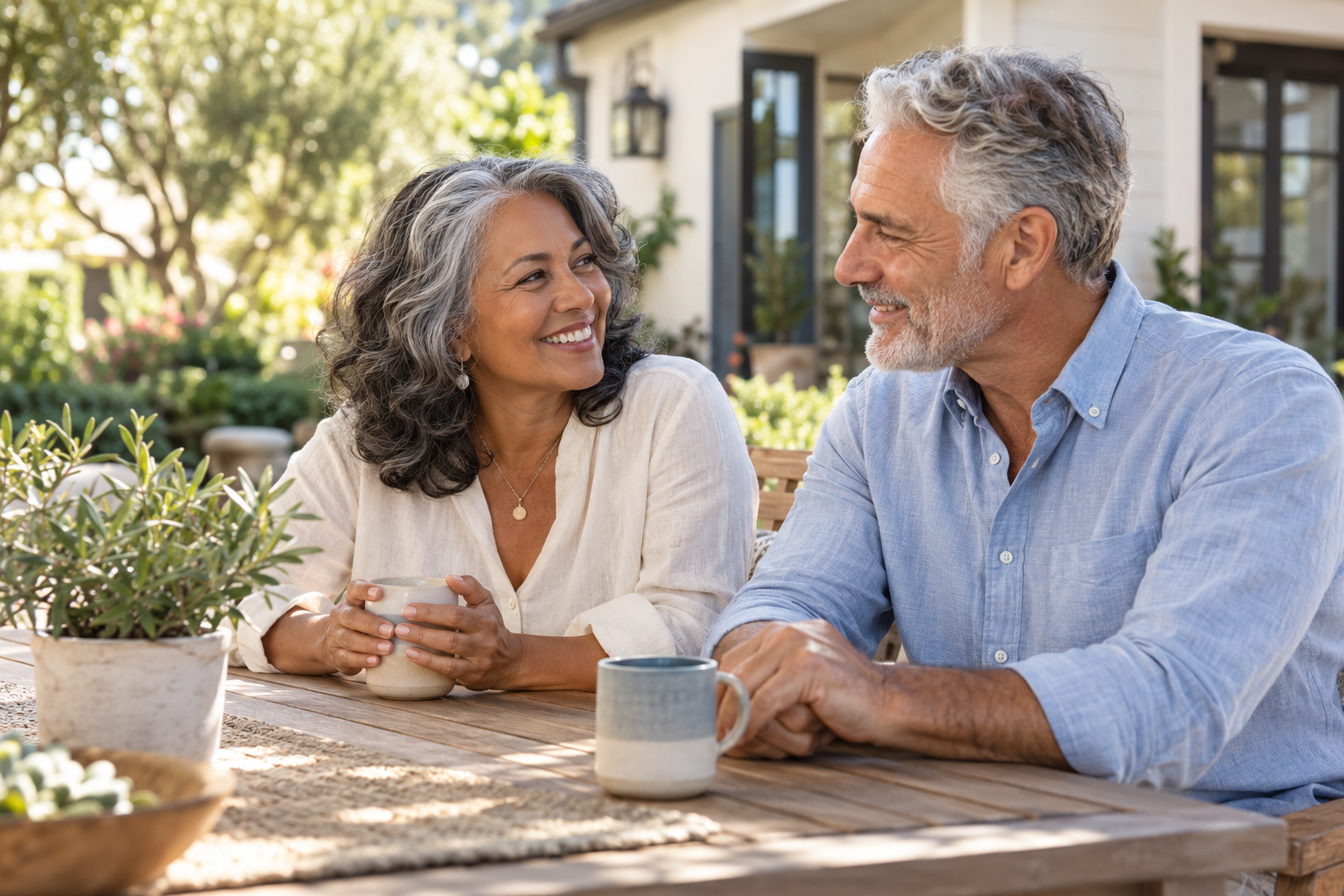 An older couple enjoying a relaxed morning together on their patio